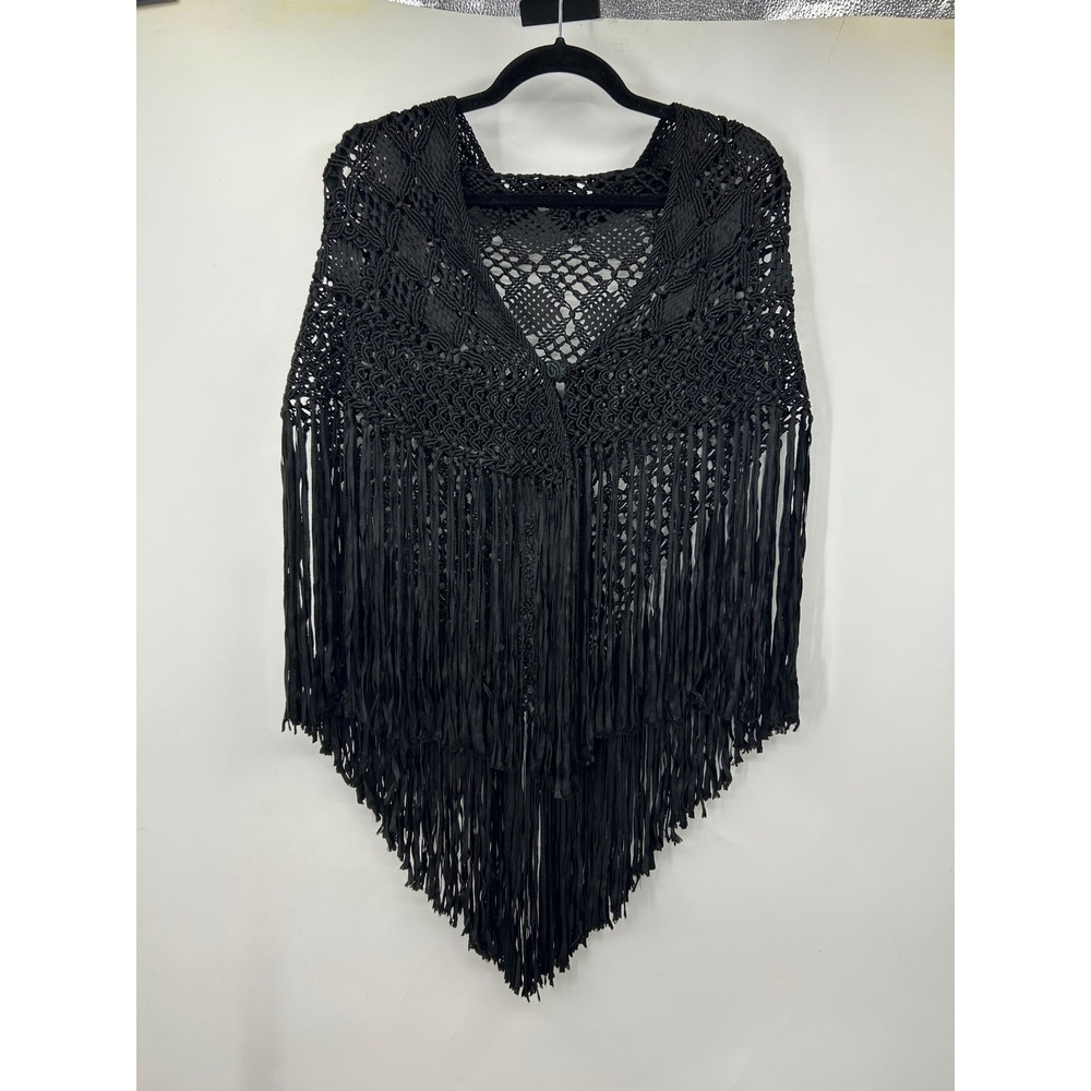Vintage 70s Black Macrame Crochet Fringe Shawl Wrap Boho Festival Triangle Cape